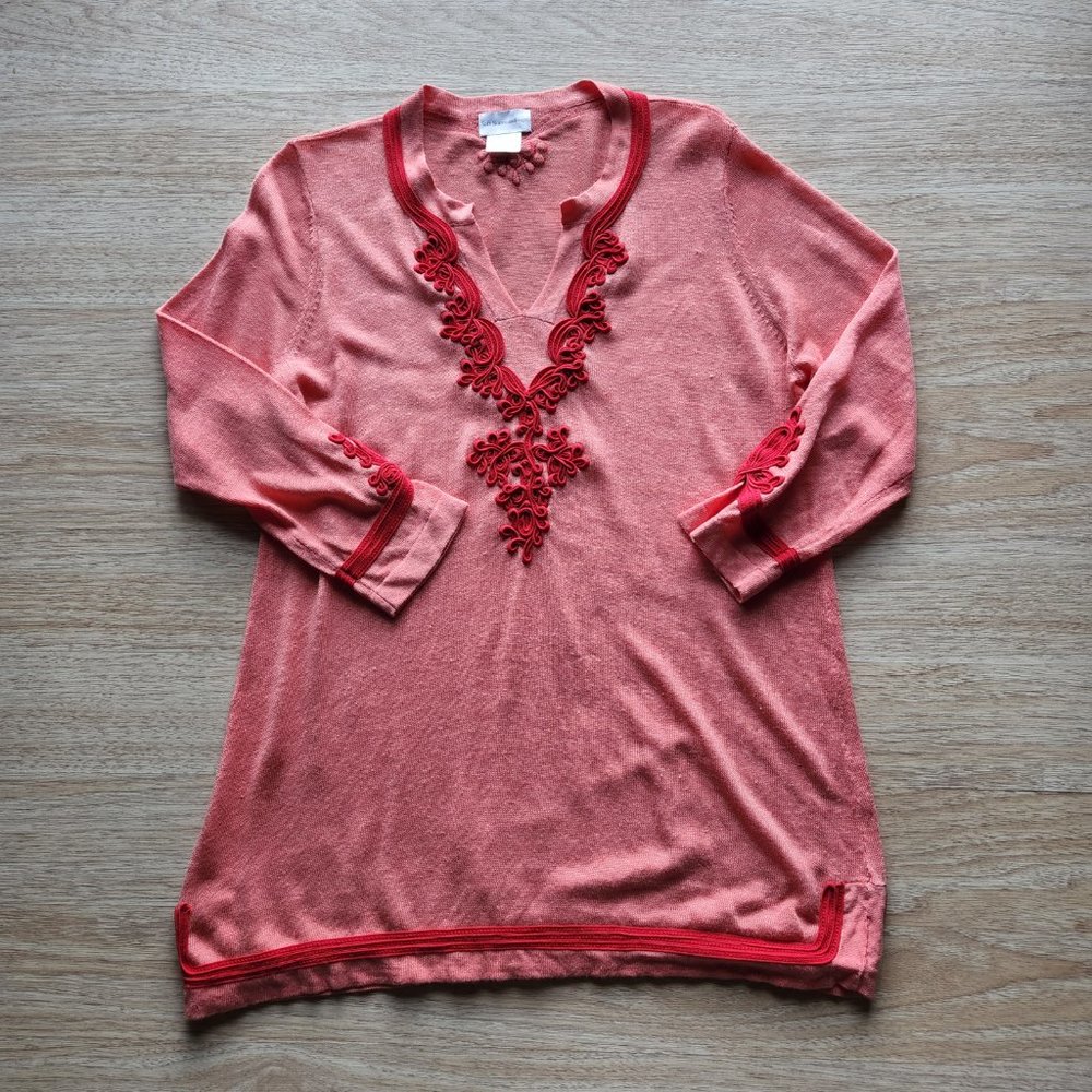 Soft Surroundings Linen Blend Ribbon Embellishing Tunic Top Long Sleeve Coral - Picture 5 of 8